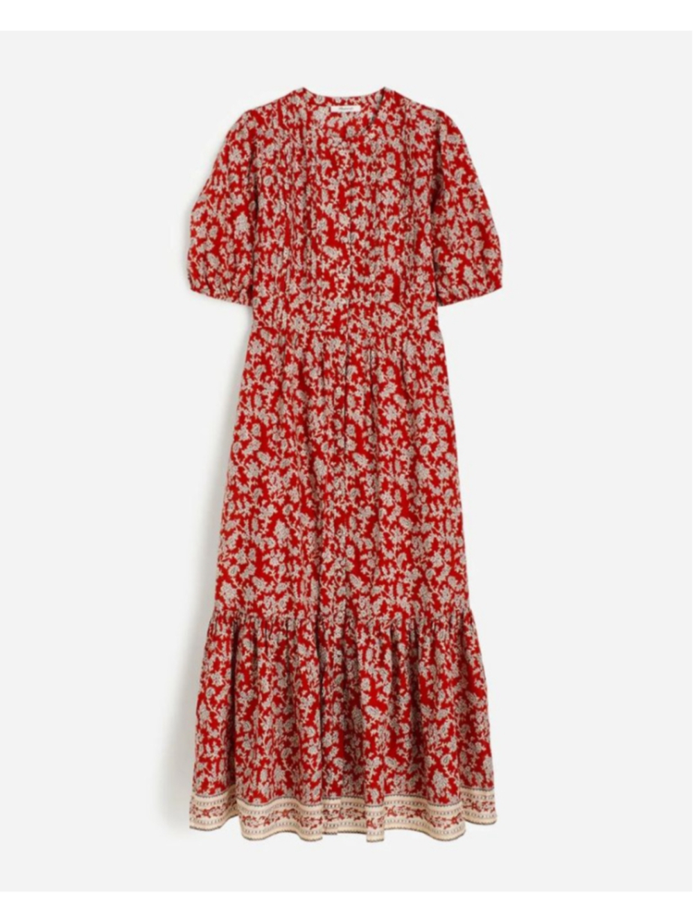 MADEWELL NWT Red Beige Puff Sleeve Floral Print Midi Dress Size 10 - Picture 7 of 9